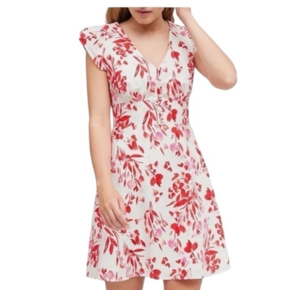 Banana Republic Linen Cotton Flutter Sleeve Mini Dress Floral Red Pink Size 8